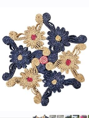 Vintage 9" Woven Boho Raffia Straw Navy Tan Red Round Decorative Trivet